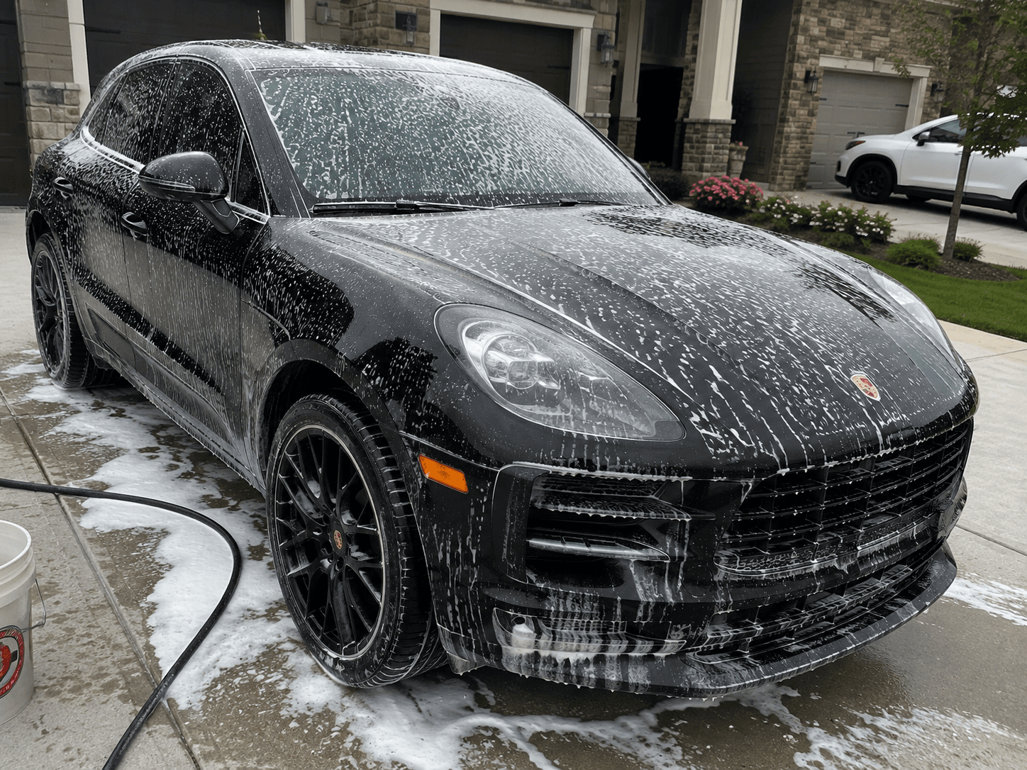 Black Porsche SUV covered in foam during a mobile driveway wash